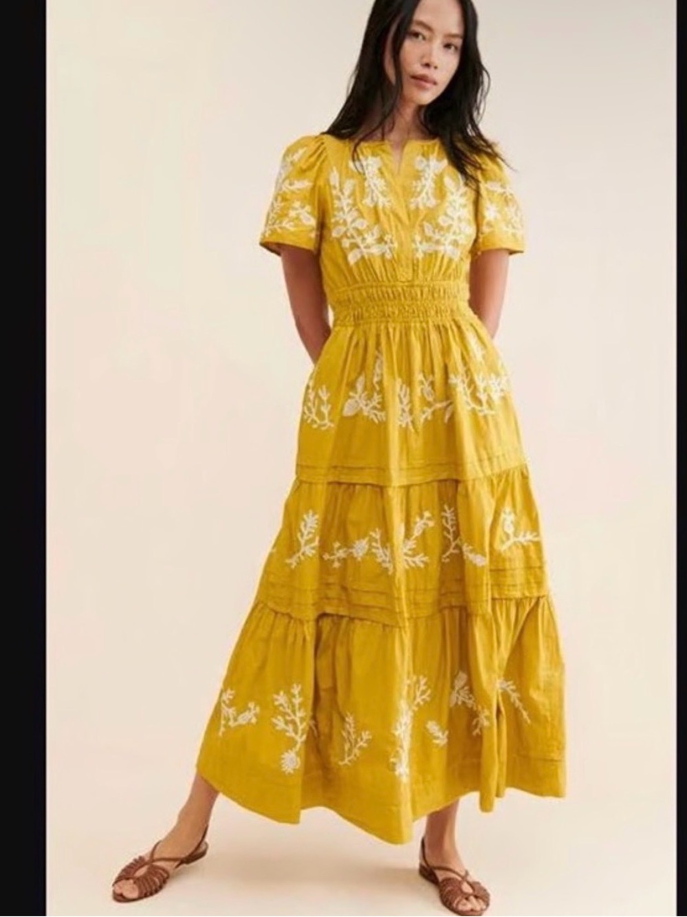 Anthropologie Somerset Maxi Dress Size L Yellow Embroidered Floral